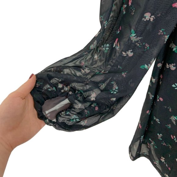 Floral Long Sleeve Mesh Mini Dress w/ Ruched Front - Picture 4 of 9